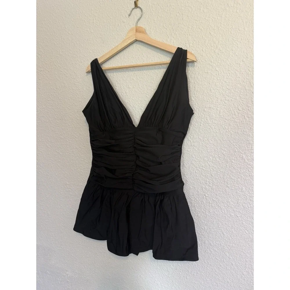 Shape FX One piece Swimsuit Skirt Plus Size 18 Black Tummy Control Rouche V Neck